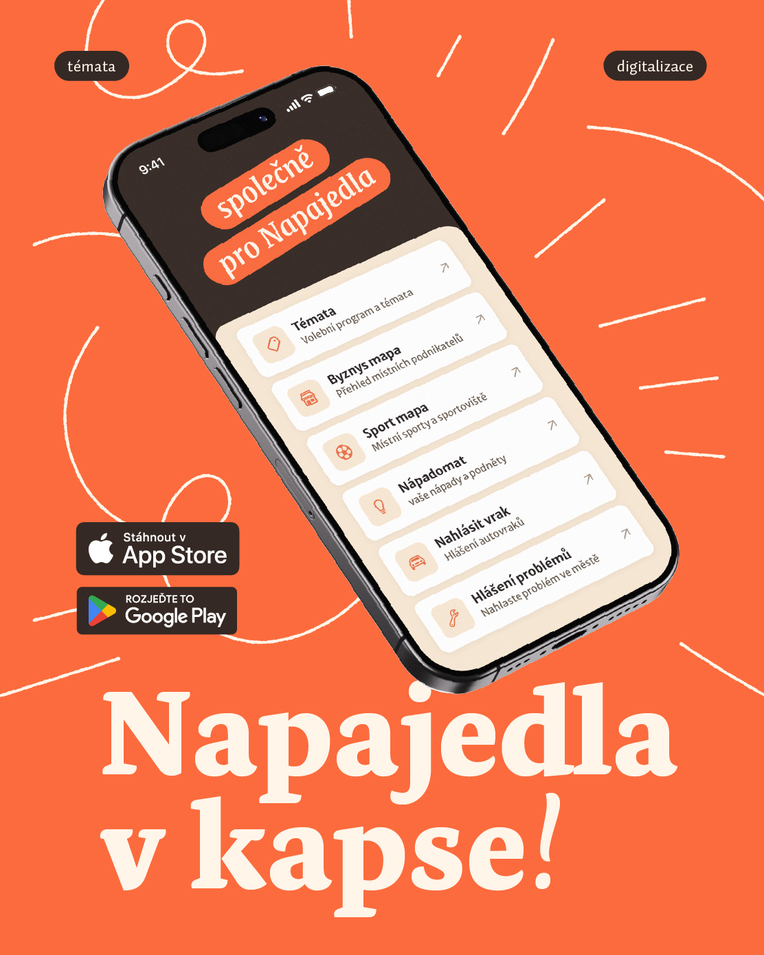 Náhled aplikace společně — novinky, kalendář akcí a rozcestník projektů